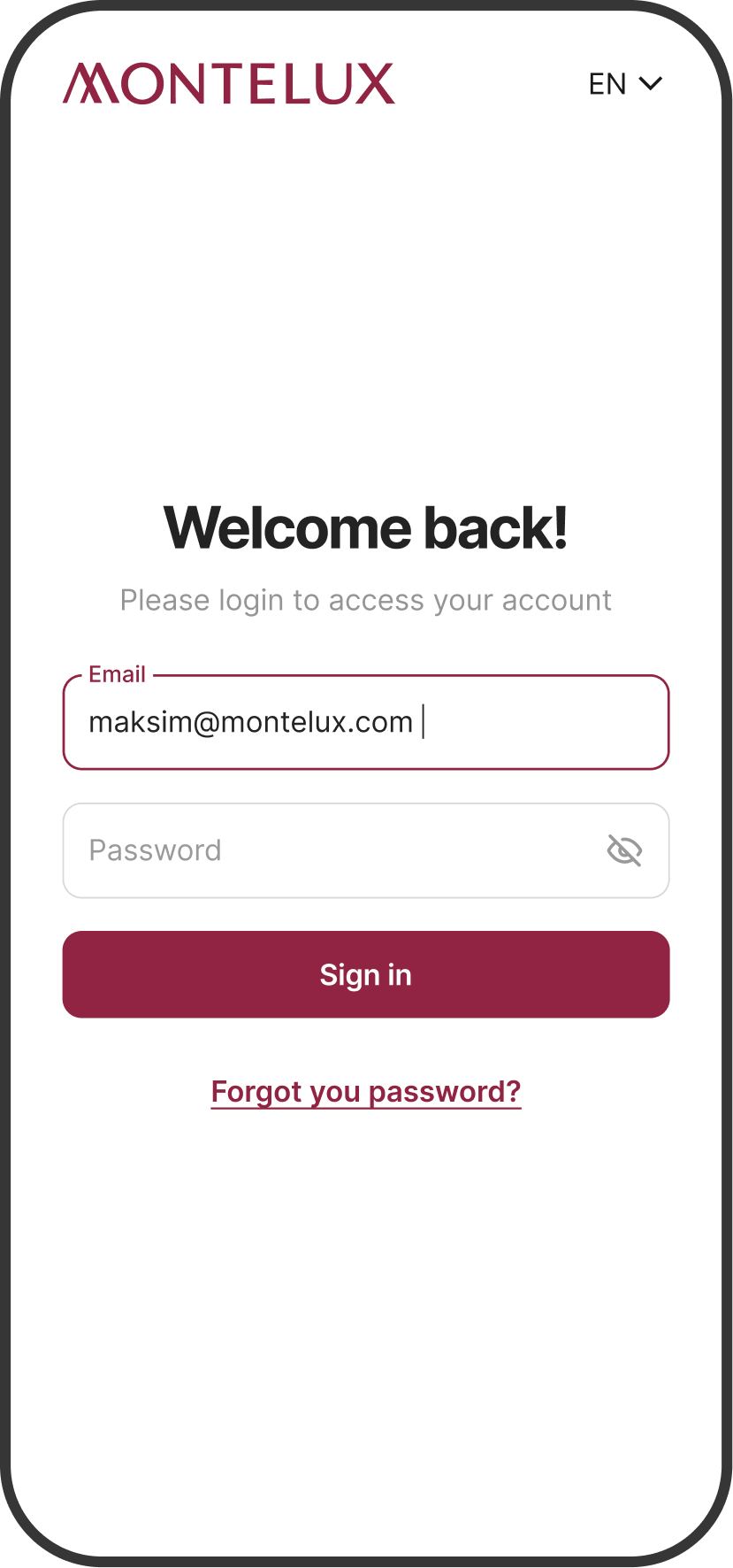 montelux login screen mobile screenshot 1