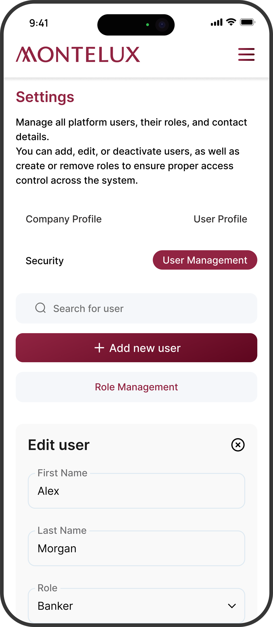 montelux login screen mobile screenshot 4