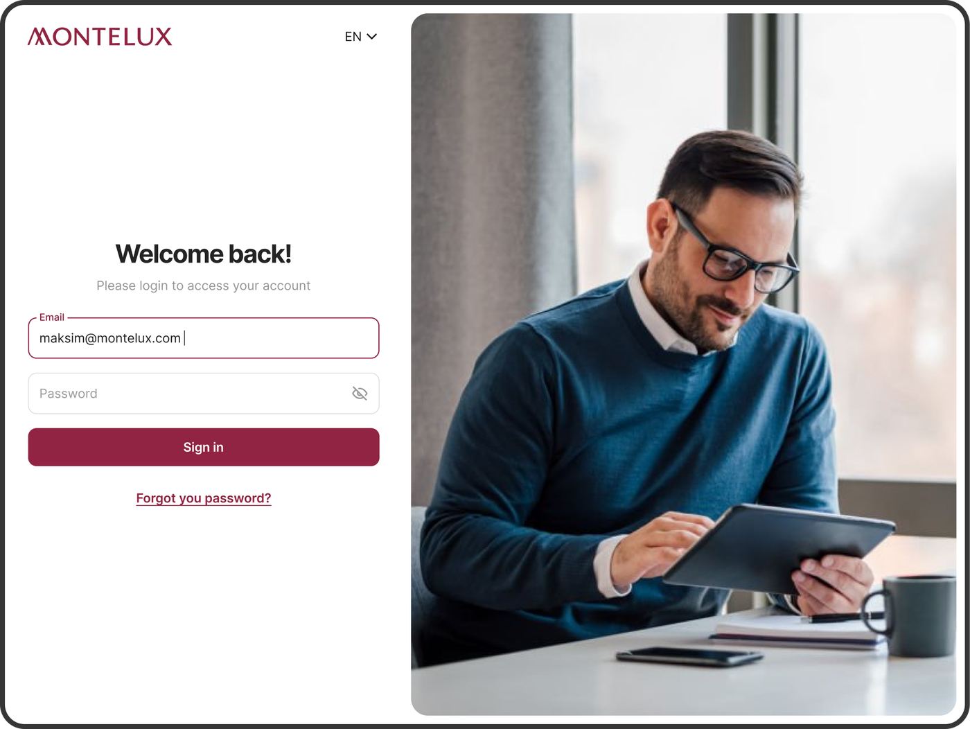 montelux login screen tablet screenshot 1